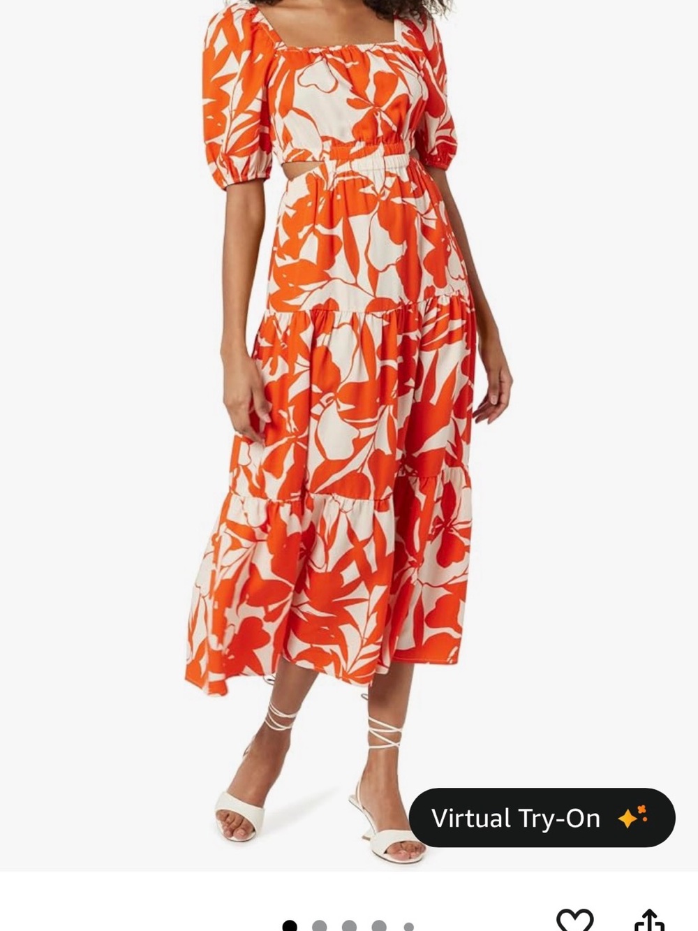 Orange and White Floral Square-Neck Midi Dress with Puff Sleeves